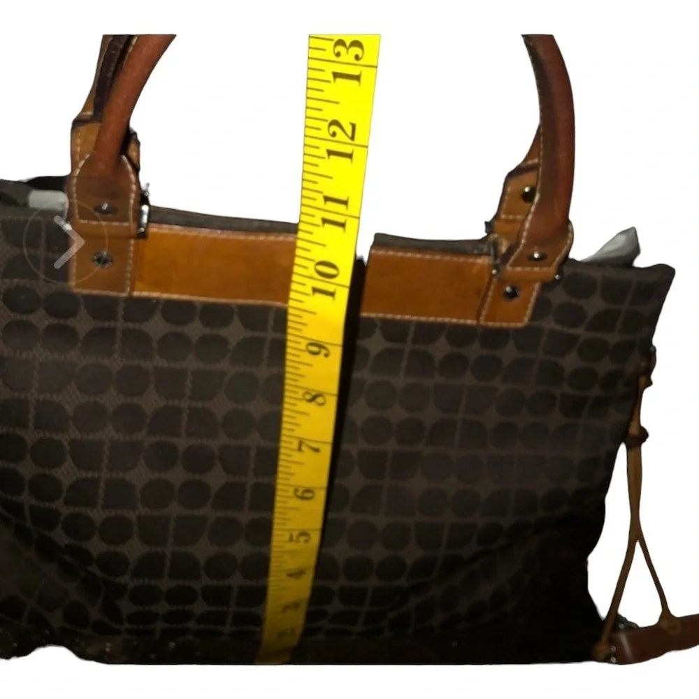 Kate Spade dark brown canvas  shoulder bag geometrical print brown leather trim